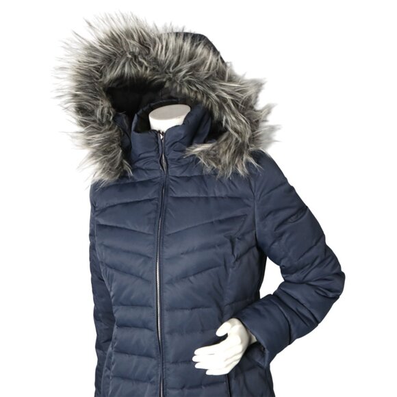 London Fog Down Filled Parka Coat Faux Fur Hood Navy Blue Quilted Winter Jacket - Picture 8 of 15